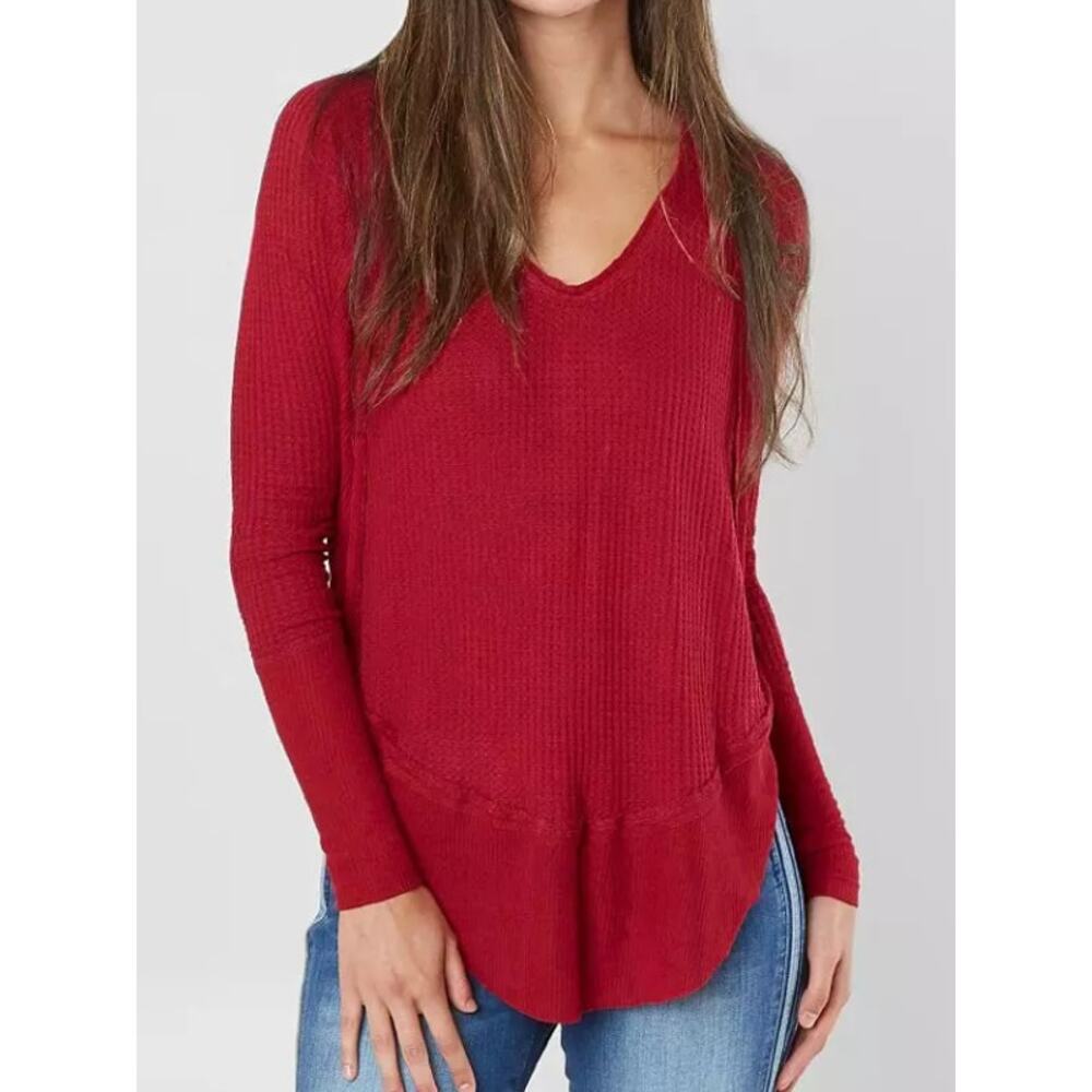 Free People Top Catalina Thermal Waffle Knit Long Sleeve Red Boho Cozy Lounge